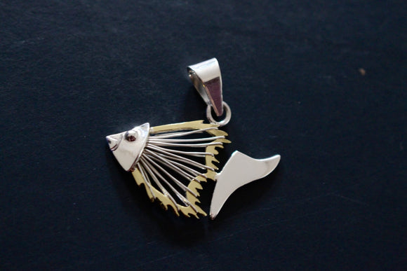 Fish Necklace, silver angel fish pendant, unisex signed pendant matching earrings available two tone silver & Gold Fish Skeleton Bones-