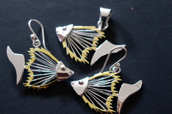 Fish Jewelry set Necklace and earrings silver skeleton fish great for lady angler two tone silver & Gold Fish Skeleton Bones