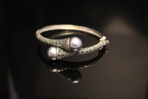 Gray Pearl bracelet with Marcasite set in sterling silver, Bangle gift for her, Mothers Day  gift for her