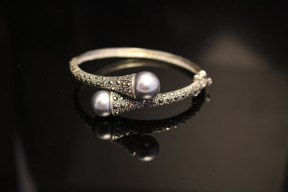 Gray Pearl bracelet with Marcasite set in sterling silver, Bangle gift for her, Mothers Day  gift for her