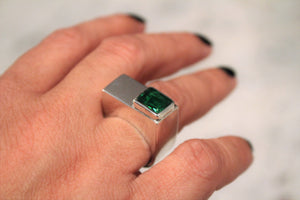 Emerald color Irish Ring boxed shaped mens ring, womens bold Celtic contemporary statement ring