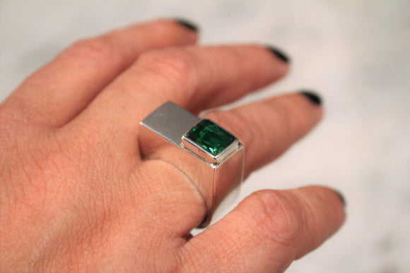 Emerald color Irish Ring boxed shaped mens ring, womens bold Celtic contemporary statement ring