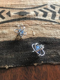 Atom Earring Sterling silver with blue crystal Chester Allen science inspired jewelry art Like Attract Like Earrings