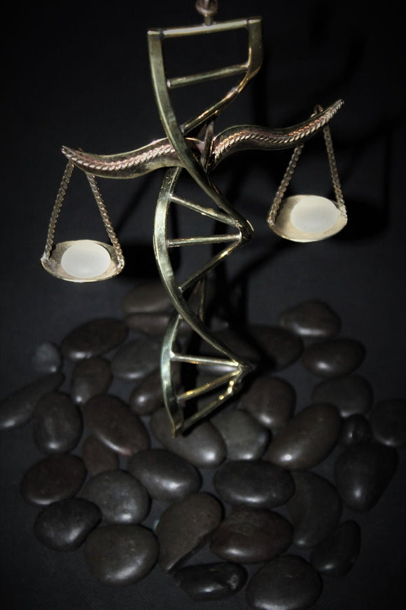 Justice Mobile Art, Metal art by Chester Allen called Due Process, consisting of DNA strand, and Scales of Justice, Art about Fairness