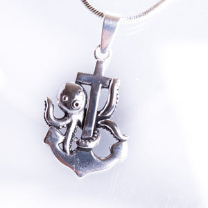 Anchor pendant with octopus,  sterling silver necklace, 8 legs no cares