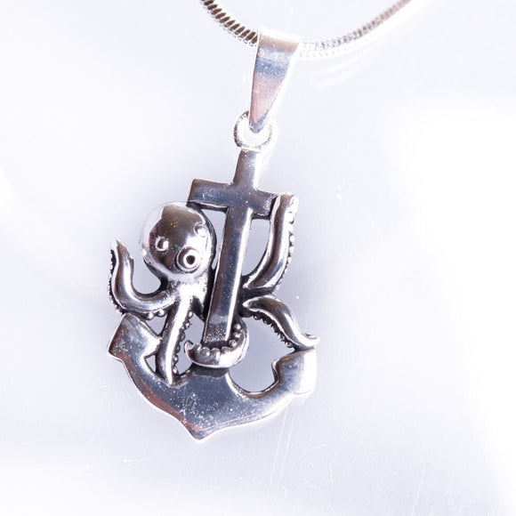 Anchor pendant with octopus,  sterling silver necklace, 8 legs no cares