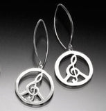 Peace sign earring, Sterling Silver drop Earrings, Music inspired treble clef jewelry, Handmade sterling silver power of love dangle earring