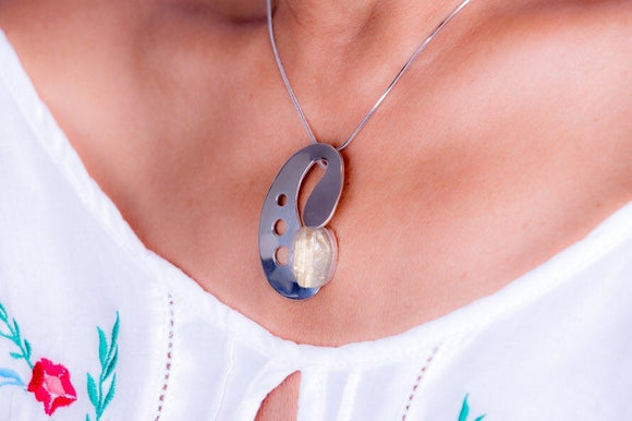 Artist Paint palette Pendant Sterling silver with rutilated quartz, handmade one of a kind necklace, gift for self love