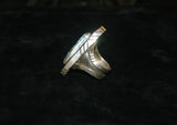 Bold Turquoise ring, Blue and Black Calypso Variscite gem stones, with recycled piano key in outer hand forged sterling silver etched rim