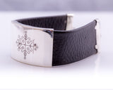 Papa Legba cuff, wide leather bracelet, Silver handmade engraved jewelry, Legba veve, gift for men and women