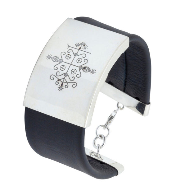 Papa Legba cuff, wide leather bracelet, Silver handmade engraved jewelry, Legba veve, gift for men and women