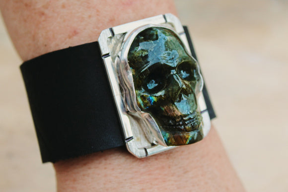 Skull bracelet, labradorite jewelry, leather bracelet, gift for rocker, biker, goth, mystics and more