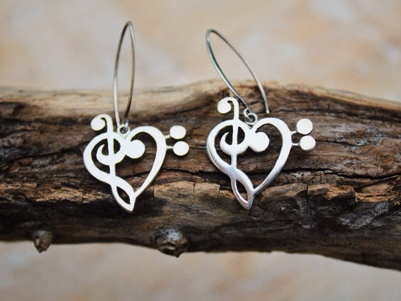 Music heart earrings, Sterling silver dangle music heart relationship theme great for music lovers and players alike