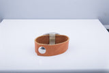 Wide leather bracelet, hand cut, Leather and Onyx jewelry for him, or her, casual boho tan and black snap on bangle