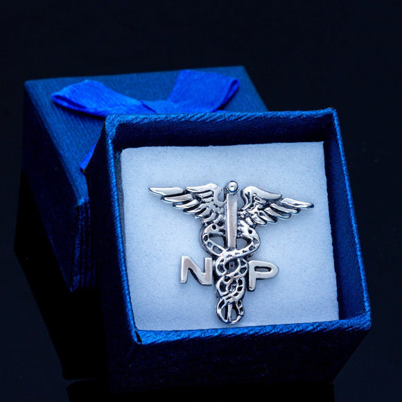 Nurse practitioner pin, caduceus with an NP, sterling silver medical emblem, graduation present for nursing student
