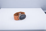 Wide leather bracelet, hand cut, Leather and Onyx jewelry for him, or her, casual boho tan and black snap on bangle