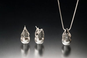 Pearl necklace earrings set, Sterling silver handmade jewelry set in marcasite, Mothers Day gift for her