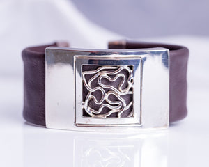 Wide Leather Silver bracelet, unique leather cuff bracelet, New Orleans artist Chester Allen, gift for him