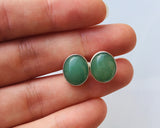 Green gem earrings, Aventurine oval stone set in silver, gift for her