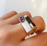 Unique two tone ring, Dual gemstone, amethyst, garnet stones, avant garde, east west horizontal ring design, relationship jewelry gift