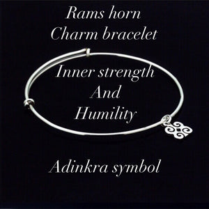 Charm bracelet, Inner strength and humility, Rams horns dainty charm, adjustable adinkra symbol charm bracelet
