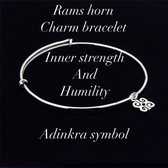 Charm bracelet, Inner strength and humility, Rams horns dainty charm, adjustable adinkra symbol charm bracelet