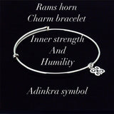 Charm bracelet, Inner strength and humility, Rams horns dainty charm, adjustable adinkra symbol charm bracelet