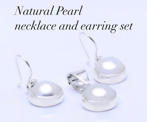 Pearl necklace earrings set, white, cream color drops, real, freshwater, set in silver, wedding or everyday jewelry, holiday gift for her