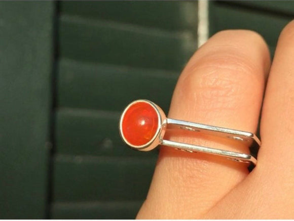 Stackable ring with Carnelian, Red orange round stone set in Sterling silver, Statement ring. handmade with cut out crosses.