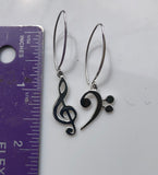 Music drop earrings, Treble and  Bass Clef in opposite ears, handmade Chester Allen's unique music jewelry art