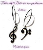 Music drop earrings, Treble and  Bass Clef in opposite ears, handmade Chester Allen's unique music jewelry art