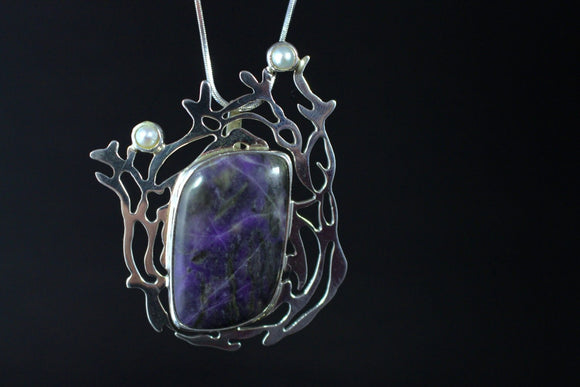 Unique Gemstone Necklace, Chrysocolla and pearl pendant, Chester Allen, original design