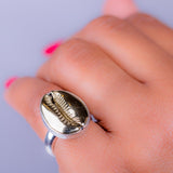 Sterling Silver Cowrie Shell Ring: Handmade Brass Accent Jewelry