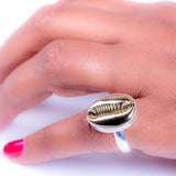Sterling Silver Cowrie Shell Ring: Handmade Brass Accent Jewelry