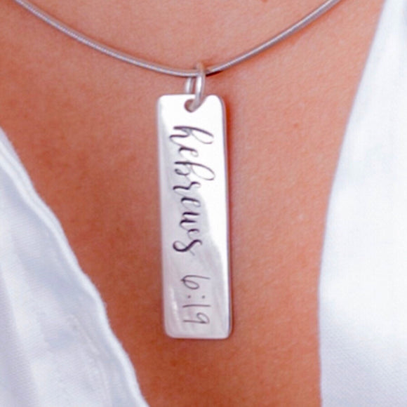 Bible verse necklace, Hebrew 6:19, hope anchors the Soul. Christian message gift.