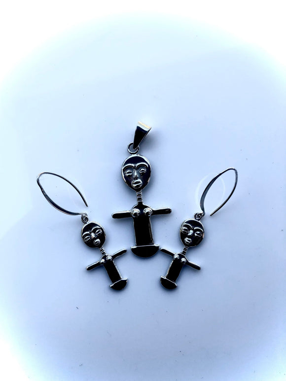 Akwaba Doll Necklace set, Silver fertility dolls, akua'ba jewelry gift