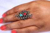 Statement ring,  sterling silver Artsy gemstone ring for her, December birthstone, Turquoise and coral handmade ring