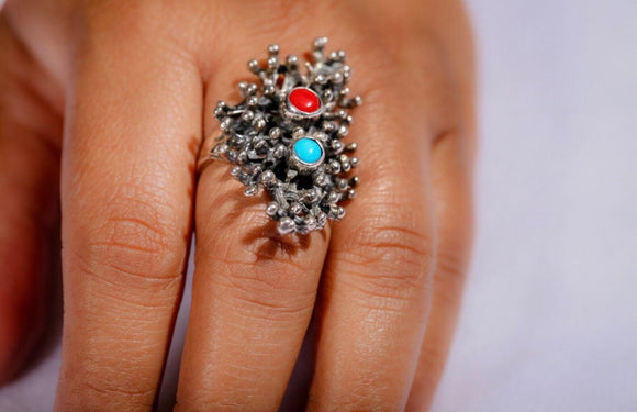 Statement ring,  sterling silver Artsy gemstone ring for her, December birthstone, Turquoise and coral handmade ring