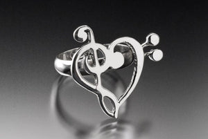 Sterling Silver music heart Ring,  Musical Love jewelry,  Treble bass clef band ring, romantic relationship gift,  Choir