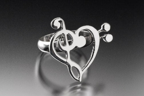Sterling Silver music heart Ring,  Musical Love jewelry,  Treble bass clef band ring, romantic relationship gift,  Choir