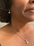 Pearl necklace earrings set, white, cream color drops, real, freshwater, set in silver, wedding or everyday jewelry, holiday gift for her