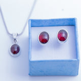Oval Garnet post earring and necklace set, sterling silver, January birthstone, Birthday gift for her, Red Gemstone Jewelry set