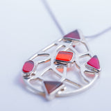 Unique Sea glass necklace, Handmade Silver pendant teardrop shape with red, orange and yellow beach glass, Autumn gift for her