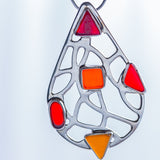 Unique Sea glass necklace, Handmade Silver pendant teardrop shape with red, orange and yellow beach glass, Autumn gift for her