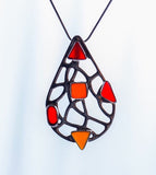 Unique Sea glass necklace, Handmade Silver pendant teardrop shape with red, orange and yellow beach glass, Autumn gift for her