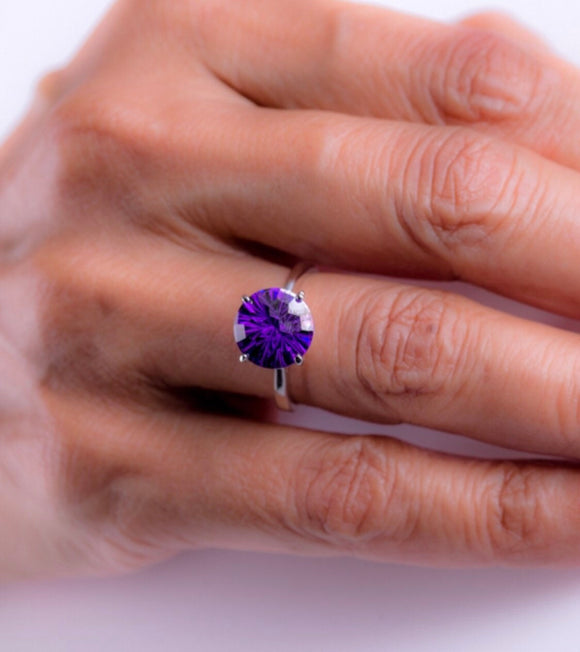 Amethyst solitaire ring, Purple faceted crystal ring, Gift for her, , February birthstone