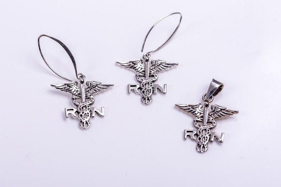 RN Jewelry set, Registered nurse gift ideas, medical symbol Necklace and drop earring set, ,caduceus, staff of Hermes,