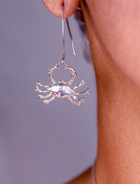 Silver Crab Drop earrings,  Cancer Zodiac sign