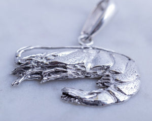 Shrimp necklace, Sterling silver handmade prawn pendant. Gulf coast, Ocean, New Orleans jewelry, mens gifts