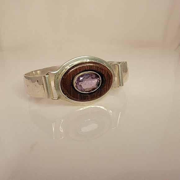 Large Gemstone  Bracelet,  hammered Bangle, February birthstone, Rosewood and Amethyst jewelry, one of a kind, handmade gift